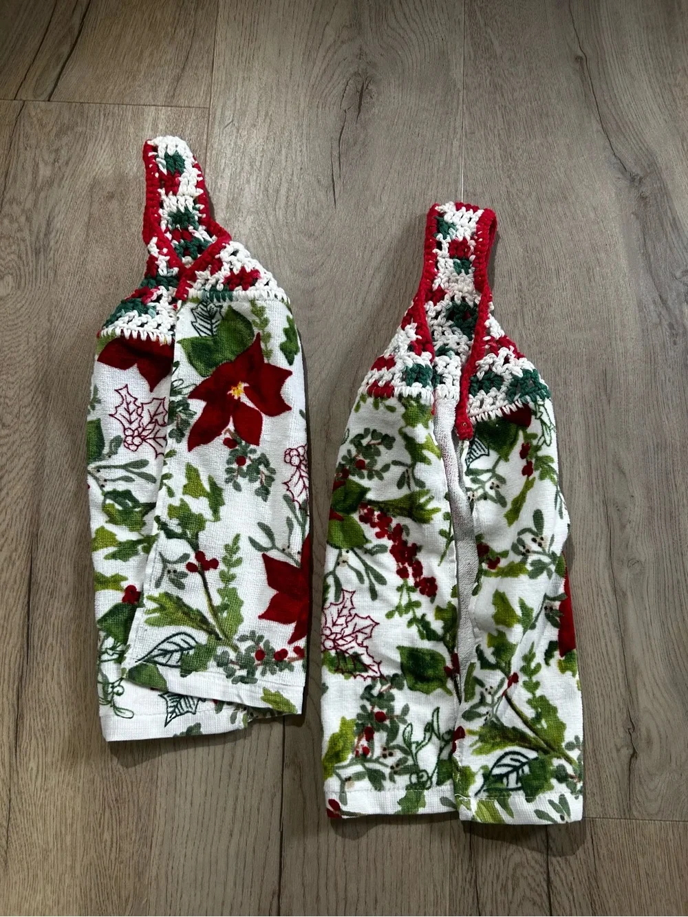 Holiday Poinsettia Kitchen Towels with Crochet Top - Set of 2